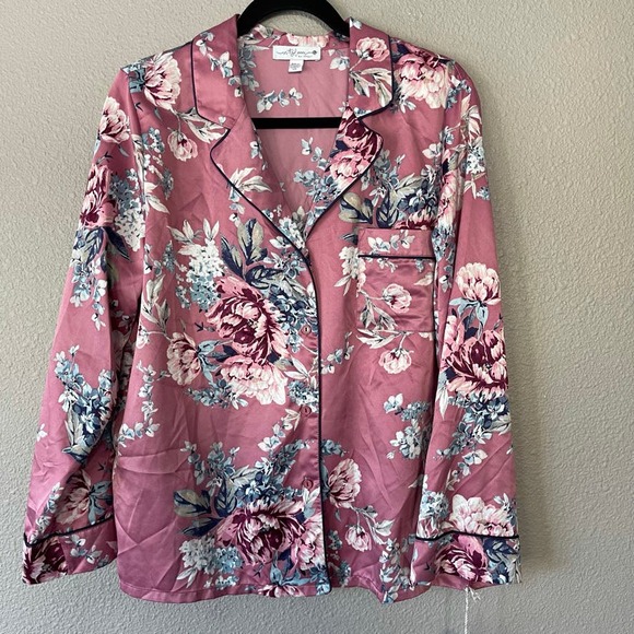 In Bloom by Jonquil Mauve Floral Sleepwear Satin Button Front PJ Shirt Large - Picture 1 of 6